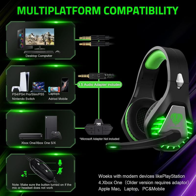 Awinnasey GH1 Game Headset, Clear Audio, Ultra-Low Delay, Memory Foam Pad, Suitable for Switch PC PS4 PS5 Xbox One Stereo Noise Reduction Microphone Sports Headset, Desktop Headset with 3.5Mm Jack and RGB Light, Black Green Gaminggear Bose Quiet