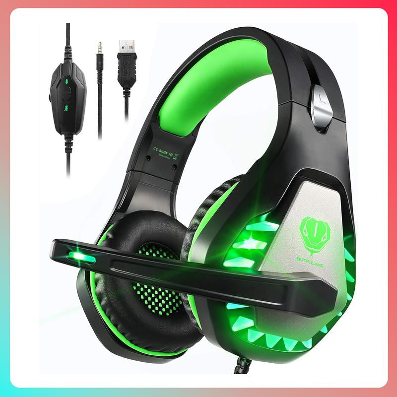 Awinnasey GH1 Game Headset, Clear Audio, Ultra-Low Delay, Memory Foam Pad, Suitable for Switch PC PS4 PS5 Xbox One Stereo Noise Reduction Microphone Sports Headset, Desktop Headset with 3.5Mm Jack and RGB Light, Black Green Gaminggear Bose Quiet