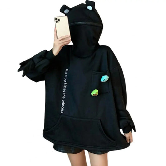 Women Men Hoodie Cartoon Frog Shape Hooded Zipper Pullover Men Women Winter Hoodie Big Patch Pocket Adult Clothes