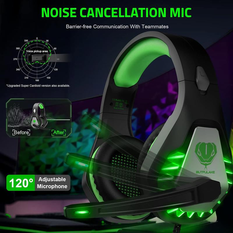 Awinnasey GH1 Game Headset, Clear Audio, Ultra-Low Delay, Memory Foam Pad, Suitable for Switch PC PS4 PS5 Xbox One Stereo Noise Reduction Microphone Sports Headset, Desktop Headset with 3.5Mm Jack and RGB Light, Black Green Gaminggear Bose Quiet