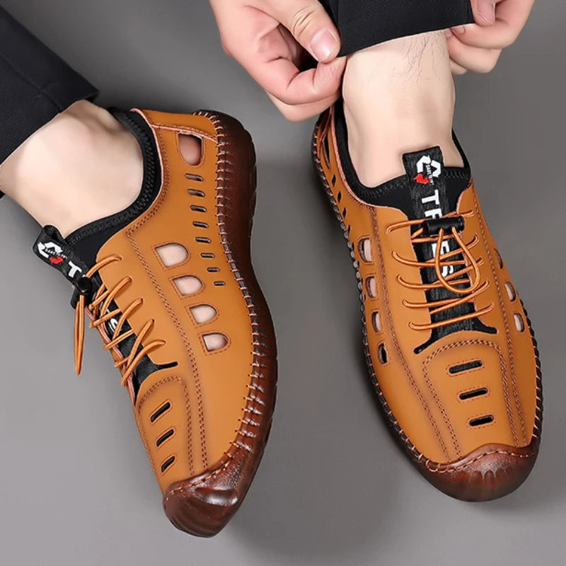 Men'S Soft Leather 2024 Summer Men Leather Sandals Breathable Non-Slip Cow Tendon Sole Casual Leather Shoes Outdoor Beach Shoes