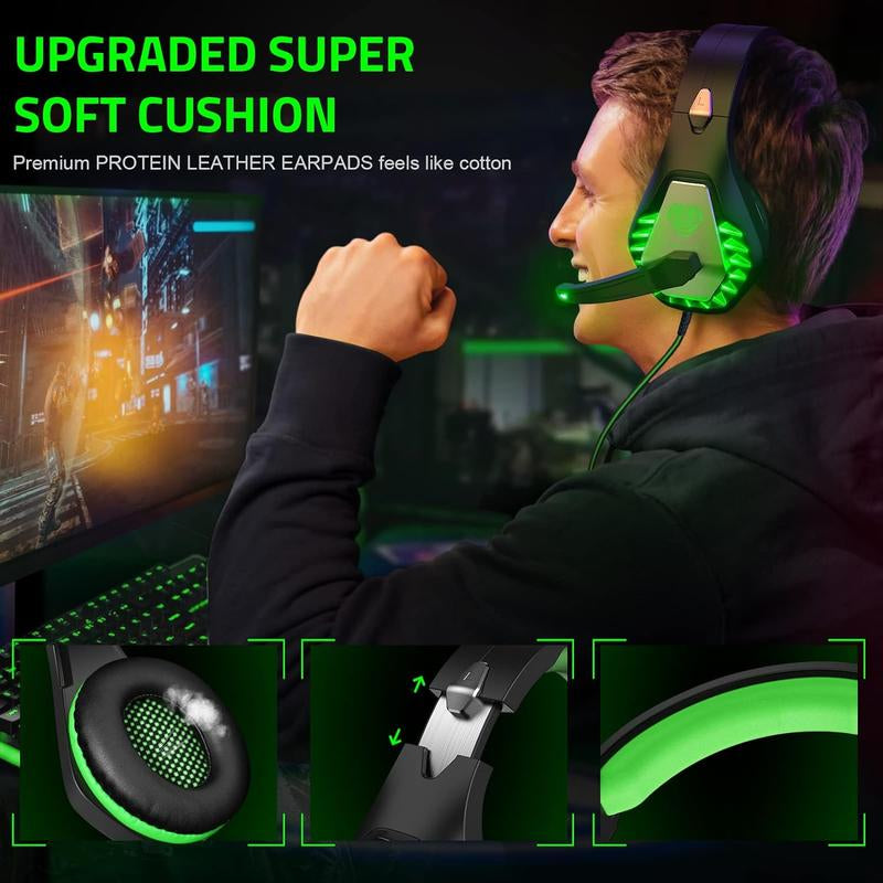 Awinnasey GH1 Game Headset, Clear Audio, Ultra-Low Delay, Memory Foam Pad, Suitable for Switch PC PS4 PS5 Xbox One Stereo Noise Reduction Microphone Sports Headset, Desktop Headset with 3.5Mm Jack and RGB Light, Black Green Gaminggear Bose Quiet